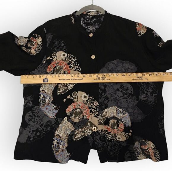 Citron Santa Monica 100% Silk Black Oriental Patterned Blouse Sz XL - Picture 5 of 10